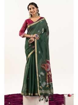 Mysilklove - Green Cotton Woven Saree with Unstitched Blouse
