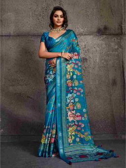 Sedora Couture - Blue Polyester Woven Saree with Unstitched Blouse