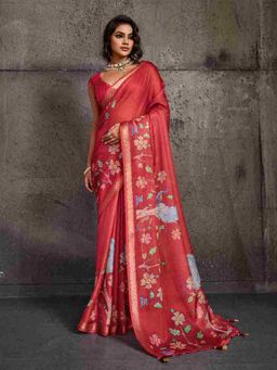 Sedora Couture - Red Polyester Woven Saree with Unstitched Blouse