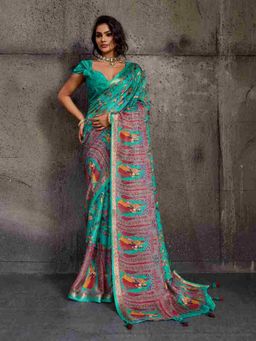 Sedora Couture - Blue Polyester Woven Saree with Unstitched Blouse