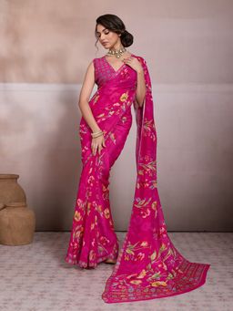 Sedora Couture - Pink Georgette Floral Printed Saree with Unstitched Blouse