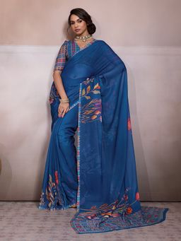 Sedora Couture - Blue Georgette Floral Saree with Unstitched Blouse
