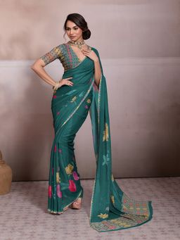 Sedora Couture - Green Georgette Floral Saree with Unstitched Blouse