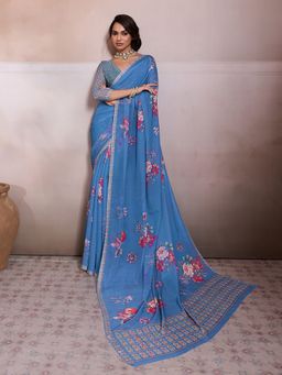 Sedora Couture - Blue Georgette Floral Saree with Unstitched Blouse