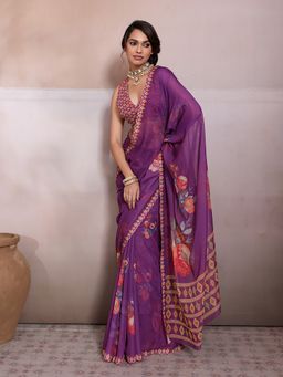 Sedora Couture - Purple Georgette Floral Saree with Unstitched Blouse