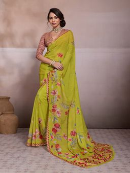 Sedora Couture - Green Georgette Floral Saree with Unstitched Blouse