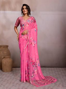 Sedora Couture - Pink Georgette Floral Printed Saree with Unstitched Blouse