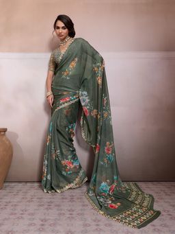 Sedora Couture - Grey Georgette Floral Saree with Unstitched Blouse