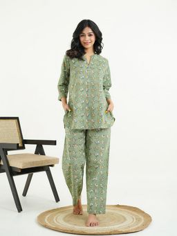 GOODHAND - Pure Cotton Woven Floral Printed Green Co-Ord Set