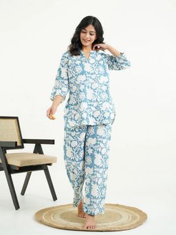 GOODHAND - Pure Cotton Woven Floral Printed Blue Co-Ord Set