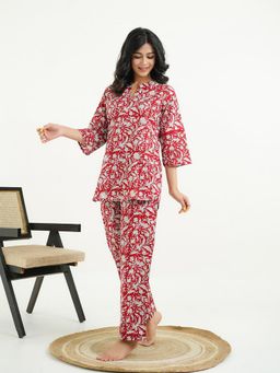GOODHAND - Pure Cotton Woven Floral Printed Red Co-Ord Set