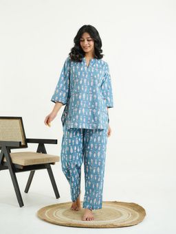 GOODHAND - Pure Cotton Woven Floral Printed Blue Co-Ord Set
