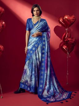 Sedora Couture - Blue Jacquard Printed Saree with Unstitched Blouse