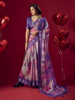 Sedora Couture - Purple Jacquard Printed Saree with Unstitched Blouse