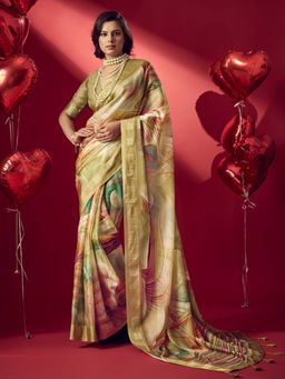 Sedora Couture - Mustard Jacquard Printed Saree with Unstitched Blouse
