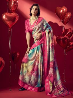 Sedora Couture - Pink Jacquard Printed Saree with Unstitched Blouse