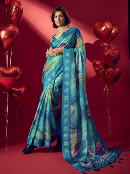 Sedora Couture - Blue Jacquard Printed Saree with Unstitched Blouse