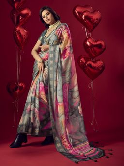 Sedora Couture - Grey Jacquard Printed Saree with Unstitched Blouse