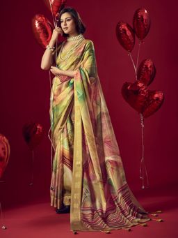 Sedora Couture - Yellow Jacquard Printed Saree with Unstitched Blouse