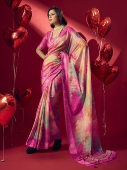 Sedora Couture - Pink Jacquard Printed Saree with Unstitched Blouse