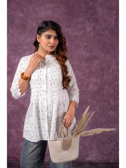 Juniper - White Blossom Printed Short Peplum Lace Sleeves Tunic