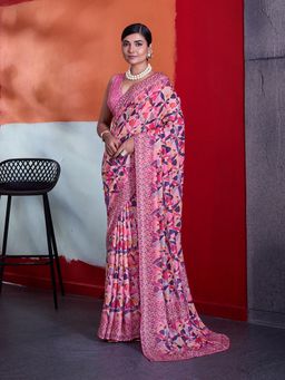 Sedora Couture - Pink Crepe Geometric Saree with Unstitched Blouse