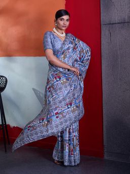 Sedora Couture - Blue Crepe Geometric Saree with Unstitched Blouse