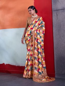 Sedora Couture - Mustard Crepe Geometric Saree with Unstitched Blouse