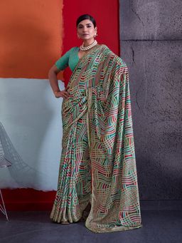Sedora Couture - Green Crepe Geometric Saree with Unstitched Blouse