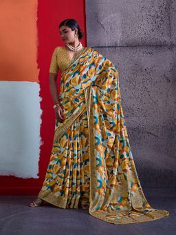 Sedora Couture - Mustard Crepe Geometric Saree with Unstitched Blouse