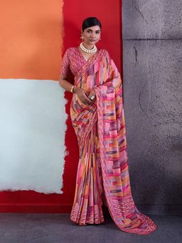 Sedora Couture - Pink Crepe Geometric Saree with Unstitched Blouse