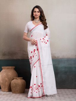 Sedora Couture - White Cotton Woven Saree with Unstitched Blouse