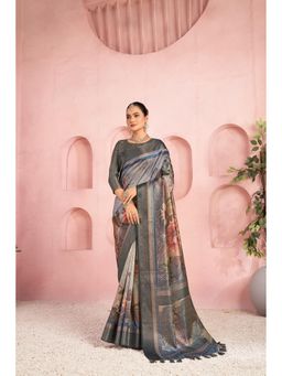Sedora Couture - Grey Jacquard Woven Tassel Saree with Unstitched Blouse