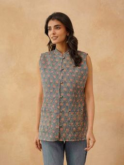 GOODHAND - Cotton Block Printed Grey Quilted Jacket