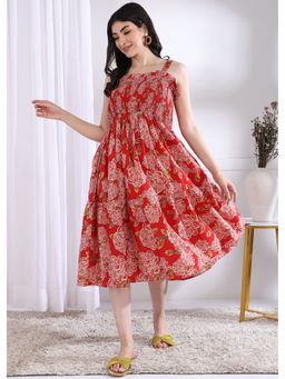 Vbuyz - Red Floral Printed Flared Cotton Dress
