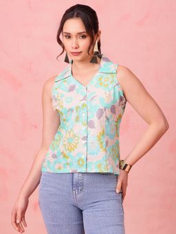 Vbuyz - Turquoise Floral Printed Straight Cotton Stitched Top