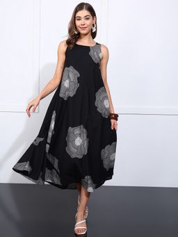 Vbuyz - Black Floral Printed Fit and Flare Cotton Dress