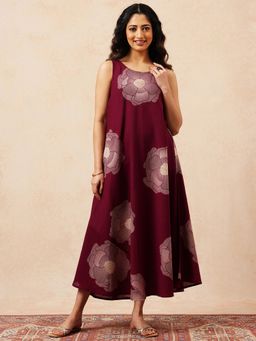 Vbuyz - Maroon Floral Printed Fit and Flare Cotton Dress