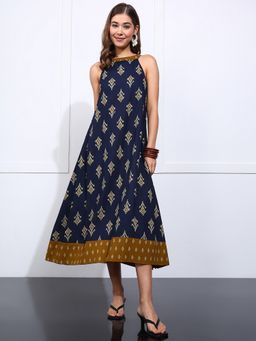 Vbuyz - Blue Fit and Flare Cotton Dress