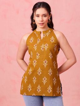 Vbuyz - Mustard Ikkat Straight Cotton Stitched Tunic