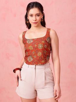 Vbuyz - Rust Floral Cotton Stitched Crop Top