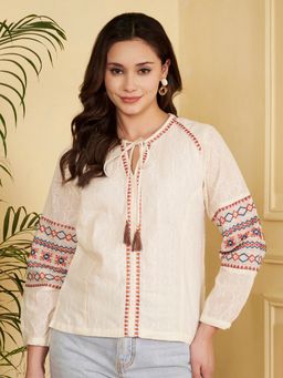 Vbuyz - Off-White Embroidered Straight Cotton Jacquard Stitched Top
