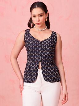 Vbuyz - Black Ajrakh Print Waistcoat Cotton Stitched Top
