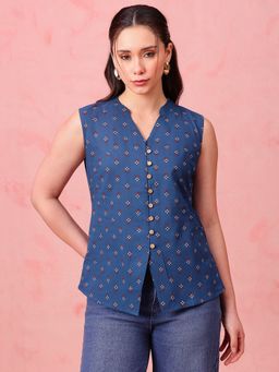 Vbuyz - Blue Block Print Waistcoat Cotton Stitched Top