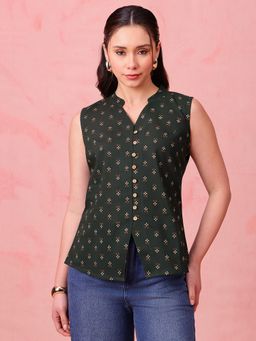 Vbuyz - Mehendi Green Block Print Waistcoat Cotton Stitched Top