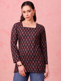 Vbuyz - Black Floral Straight Cotton Stitched Tunic
