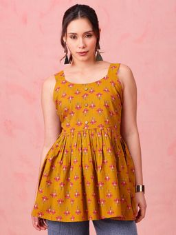 Vbuyz - Mustard Floral Fit and Flare Cotton Stitched Tunic