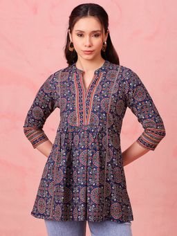 Vbuyz - Navy Blue Geometric Fit and Flare Cotton Stitched Tunic