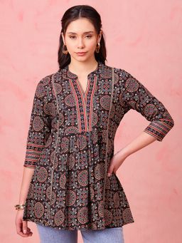Vbuyz - Black Geometric Fit and Flare Cotton Stitched Tunic