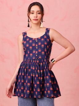 Vbuyz - Navy Blue Floral Fit and Flare Cotton Stitched Tunic